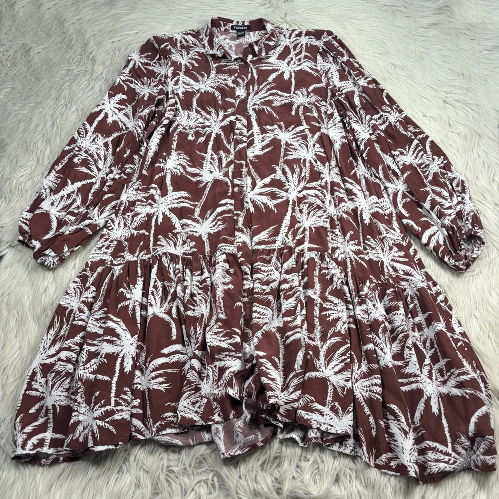 Express Women's L Brown Palm Tree Print Button Front Shirt Resort Cabana Beach